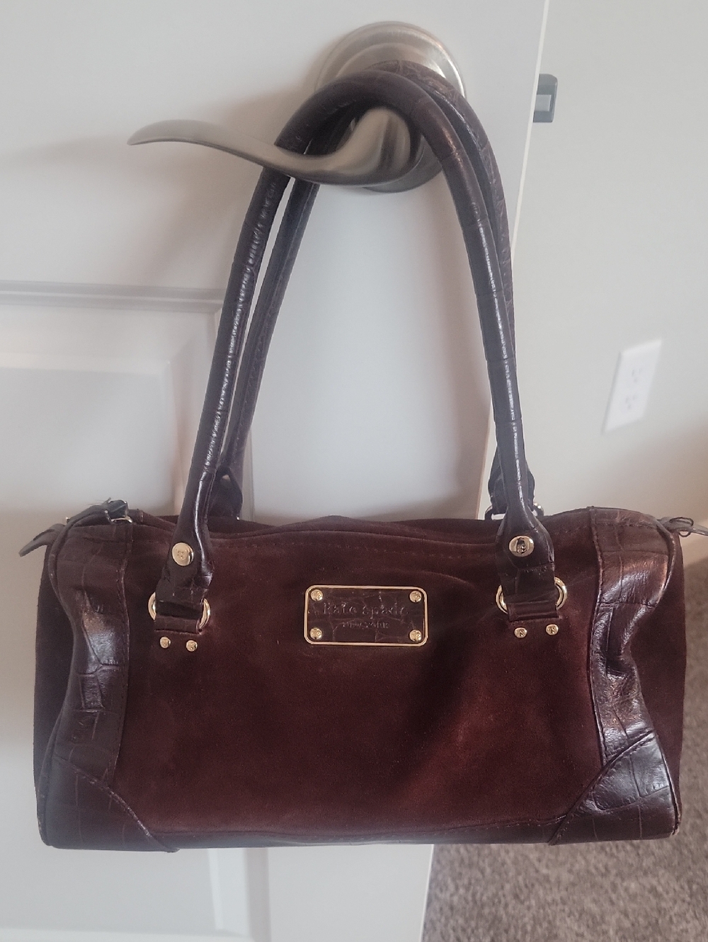 kate spade Dark Brown Suede & Leather Shoulder Bag with Gold Plaque